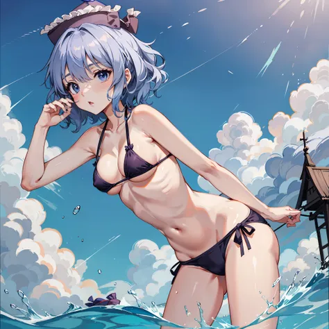 1女の子, Merlamp Rhythm River(Touhou Project), solo, swimming suit, Bikini, giant boobs,,, side-tie bikini bottom, Bikini, Blue eyes, Light blue hair、short hair,, shyness, blushed, BEATCH