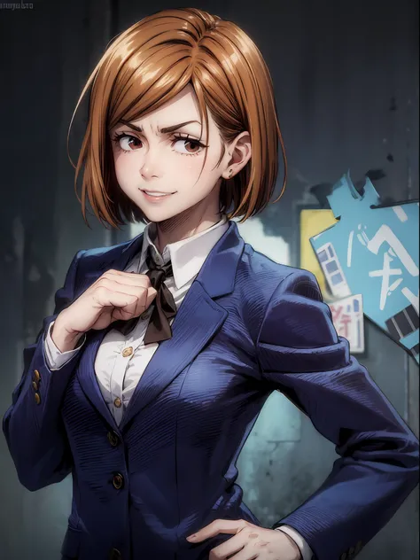 nobara_hppy、brown hair、short hair、brown eyes、black blazer、student uniform、(wrinkles between the eyebrows)、hands on the hips、bloo...