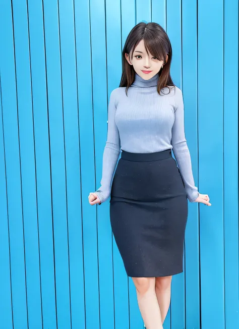 live action girl in skirt and turtleneck top standing in front of blue wall, office clothes, casual pose, smooth photography, fu...