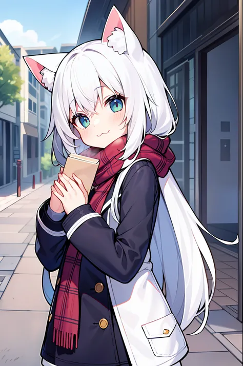 master-piece, Need, 1girl, white hair, medium long hair, cat ear, Open, looks at the viewer, :3, Cutes, scarf, jacket, out door, streets,