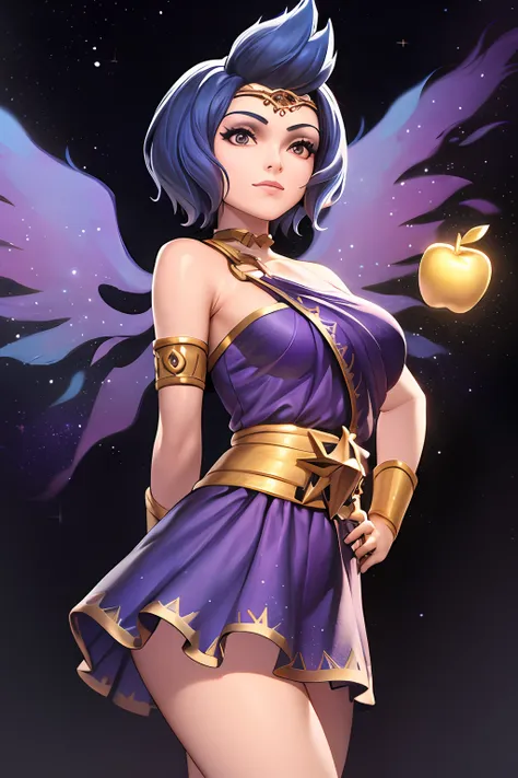 masterpiece, best quality, 1girl, discordia, solo, arms on hips, blue hair, short hair, purple dress, ethereal wings, gold apple...