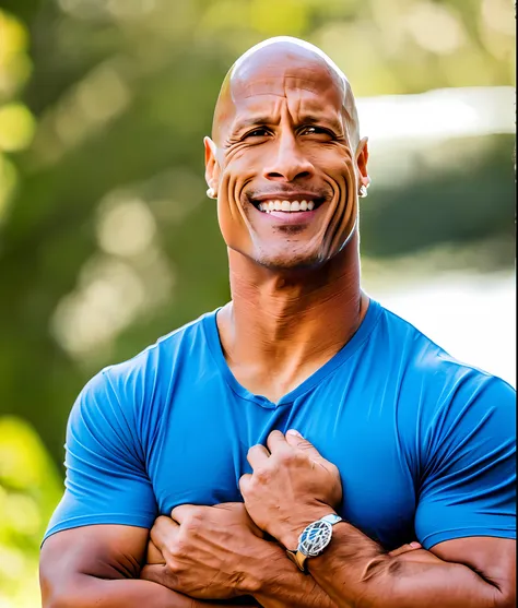 photo of dwayne johnson wearing a tight blue t-shirt, the rock, arms crossed, outdoors, natural lighting, forty-years-old, forti...