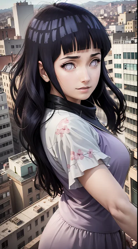 amidst the bustling streets of a vibrant city, hinata hyûga from naruto stands on a rooftop, com vista para a paisagem urbana. t...