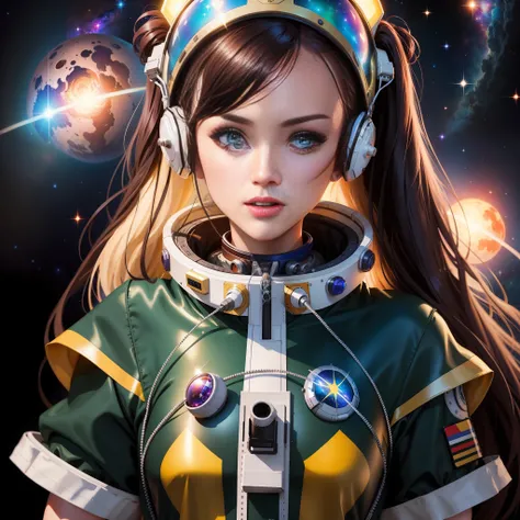 there is a woman in a space suit with a helmet on, portrait anime space cadet girl, Artgerm JSC, girl in space, Artgerm Julie Bell Beeple, inspired by Jules Chéret, Artgerm e Atey Ghailan, Wojtek FUS, Retrato Armored Astronauta Menina, bela arte digital, R...