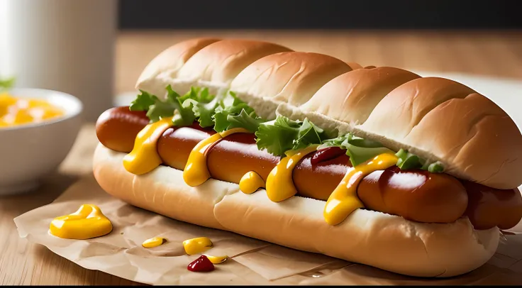 photo of a large hot dog food photography, food photography, photorealistic, ultrarealistic, maximum detail, foreground focus, r...