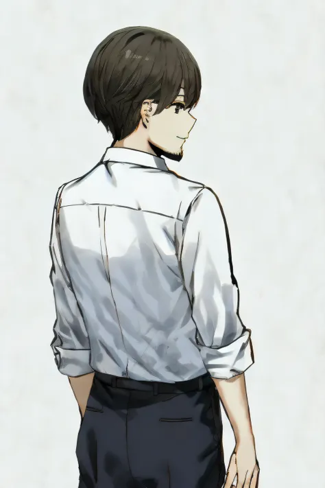 bangs、by sky freedom、1 boy、独奏、white collar shirt、sorrisos、bold contours、simple back ground、anatomy、upper bust、beard、uncle