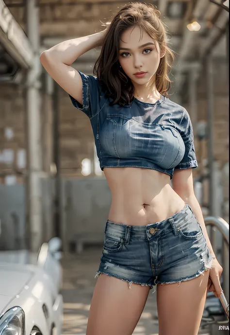 young woman, 18 anos, shorts jeans muito curto, camisa xadrez amarrada na cintura, olhos finamente qualitativos, turned muscles,...