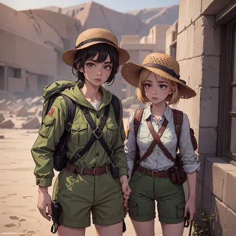 2girls 2boys adventuring in ancient desert ruins, khaki clothes hats and backpacks cargo action camera dutch angle (masterpiece:...