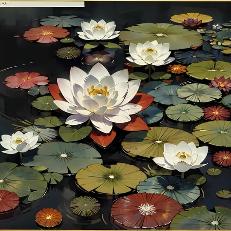 monet's water lilies，van gogh style，high-definition，detail，the strokes are realistic  ，white lotus