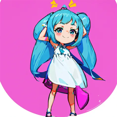 anime girl with blue hair and a white dress holding a pink purse, Hatsune Miku, miku, hatsune miku portrait, mikudayo, hatsune miku short hair, portrait of hatsune miku, loli in dress, vocaloid, anime moe art style, loli, hatsune miku face, cute anime waif...