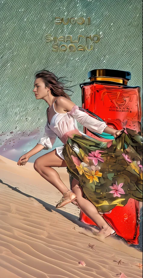 (masterpiece, finely detailed beautiful legs: 1.2), (next to a giant perfume bottle, ((( A super realistic professional film shot ))), (( Realistic photo )), ((( woman running in the sand with a colorful fluttering dress in the air ))) , music video, ((( p...