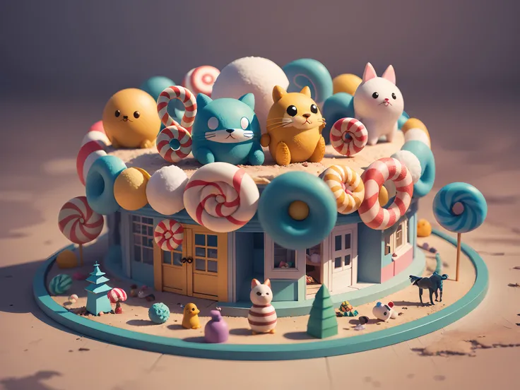 (cute world of candy, full size 3d candyland), highly detailed, super cute, superb lighting, volumetrics, by Jon Klassen, Ghibli Studio style, Tilt - shift, 80mm lens, unreal engine, Large aperture, 3d, blender, masterpiece, super detail, best quality, --v6