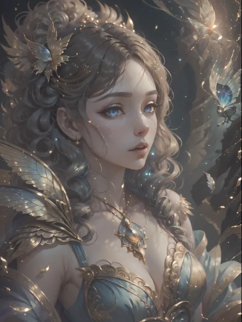 In the style of mythic and storybook fantasy, with rainbow colors. Generate a mature woman with a beautiful face. She is pouting. She has beautiful detailed eyes, 8k eyes, hires eyes, and realistic eyes. She has puffy lips and a big mouth. She has curly ha...