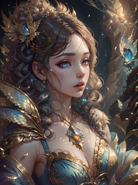 In the style of mythic and storybook fantasy, with rainbow colors. Generate a mature woman with a beautiful face. She is pouting. She has beautiful detailed eyes, 8k eyes, hires eyes, and realistic eyes. She has puffy lips and a big mouth. She has curly ha...