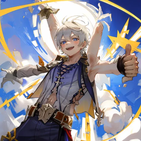 boy giving a thumbs up, pose(arms up + happy)