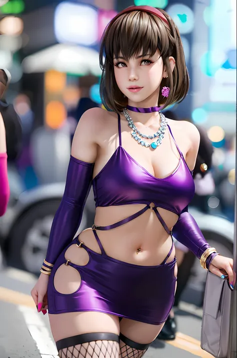 hitomi, 1girl, solo, bodycon, microdress, necklace, hoop earring, navel, (face focus), venue