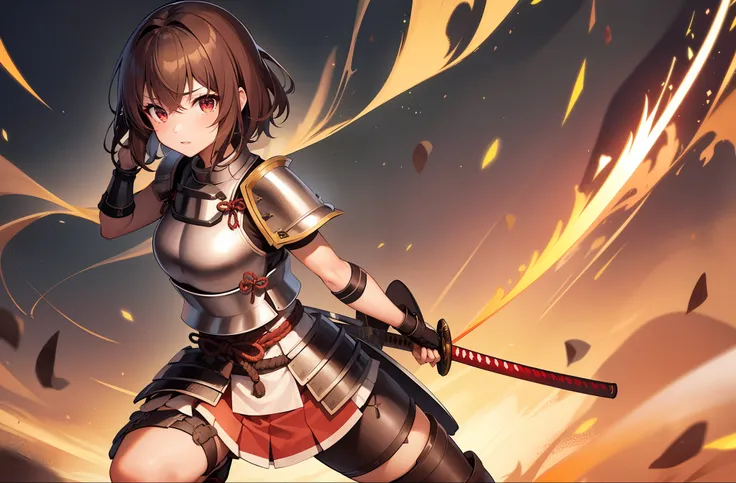 1 girl, solo, mutsuki from kancolle, (((samurai armor))), katana, sword strike, fighting stance, confident expression, sparkling...