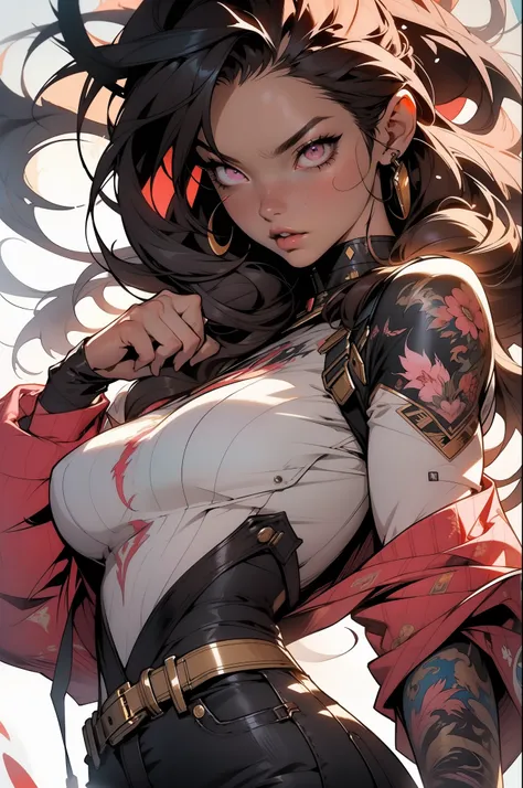 :: Comix style by Joe Madureira :: beautiful, perfect and detailed, ultra detailed shirt with tribal tattoo design, with dragon print on the sides of the dress, in various full-body attack poses and with immersive effects, hover effect, graphite style back...