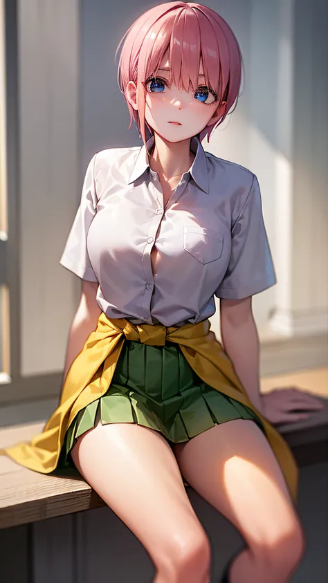 ichikanakano, ichika nakano, short hair, bangs, blue eyes, hair between eyes, pink hair,
BREAK skirt, shirt, school uniform, white shirt, short sleeves, pleated skirt, shoes, socks, collared shirt, black footwear, sweater, white socks, green skirt, loafers...