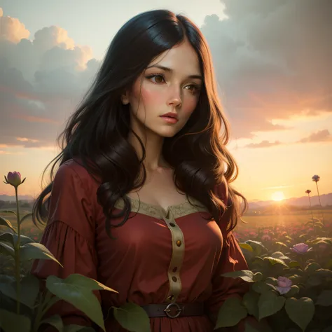 renaissance painting of 1 woman in a field of green plants and flowers, red dress, sunset, warm lighting