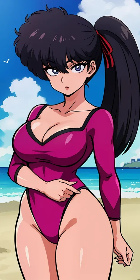 KodachiKunou, solo, standing, large_breasts, KodachiPinkLeotard, masterpiece, best quality, detailed face, detailed eyes, highres,, beach