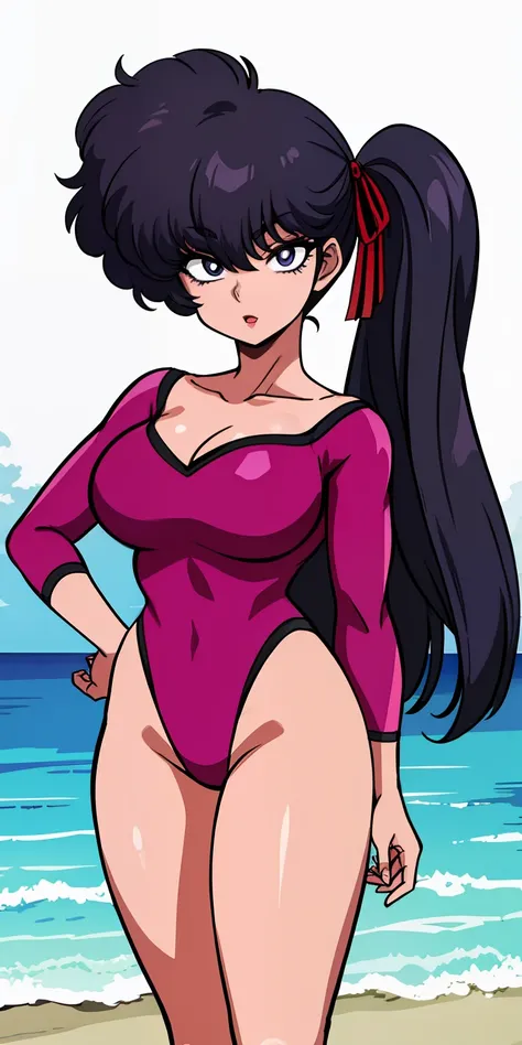 KodachiKunou, solo, standing, large_breasts, KodachiPinkLeotard, masterpiece, best quality, detailed face, detailed eyes, highres,, beach