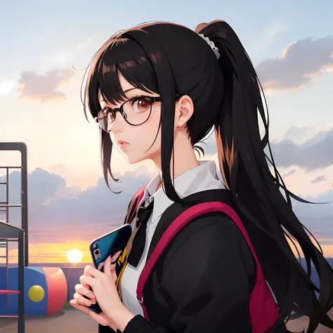 anime girl with ponytails and glasses looking at a cell phone, anime moe art style, smooth anime cg art, visual novel key visual...