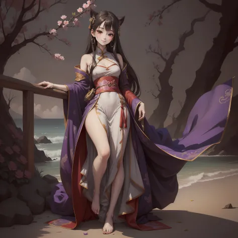 ((4K,master-piece,Best quality)), shuimobysim, Traditional chinese painting, ink, Hanfu, maxiskit, Dress conservatively 1girl, 独奏,Long purple hair, smiled, Side leaning, A smile, barefeet,Sea of flowers,starsky ,Perfect body proportions,Perfect limbs
