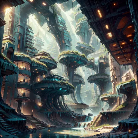 :an awesome sunny cheerful day environment concept art of Futuristic design of cave architecture interiors concept art on grand Canyon caves nature architecture, proportional,detailed, cave architecture nature meets futuristic architecture on a rainforest ...