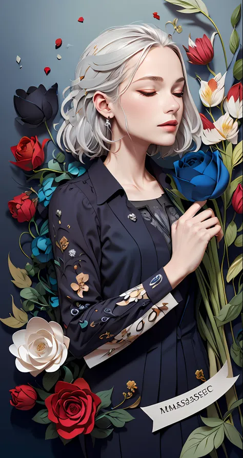 realistic, (best quality, masterpiece:1.3),book cover design,english text,
1girl,solo, silver hair, bright pupils, hair slicked back, long hair, black shirt, expressionless, closed eyes,
abstract background, flower, blue rose, fantasy,
paperCut