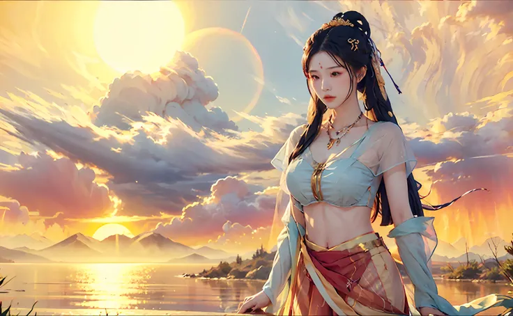 1girl with big breasts,calm expression,captivating eyes,Straight hair,Flowing skirt,A calm posture,Porcelain-like skin,Subtle blush,Crystal Pendant BREAK Prime Time,(edgelighting):1.2,warm color palette,sun flares,gentle shadows,bright colours,painterly fi...