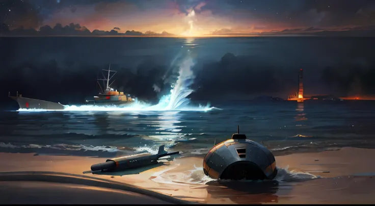 boats are in the water near a boat on the beach, submarine in background. Dark, attacked submarine in background, author:Tadeusz Pruszkówski, author:Alexander Kucharisky, author:Thomas Hefner, author:Jeffrey Smith, author:Mike Winckelman, inspired by Mike ...