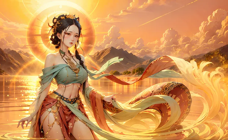 1girl with big breasts,calm expression,captivating eyes,Straight hair,Flowing skirt,A calm posture,Porcelain-like skin,Subtle blush,Crystal Pendant BREAK Prime Time,(edgelighting):1.2,warm color palette,sun flares,gentle shadows,bright colours,painterly fi...