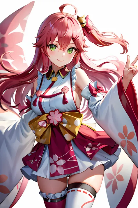 masterpiece, best quality, highres, miko1, sakura miko, 1girl, green eyes, solo, ahoge, x hair ornament, pink hair, single thighhigh, floral print, hairclip, sideboob, hair bell, floral print, long hair, hair between eyes, one side up, white thighhighs, as...