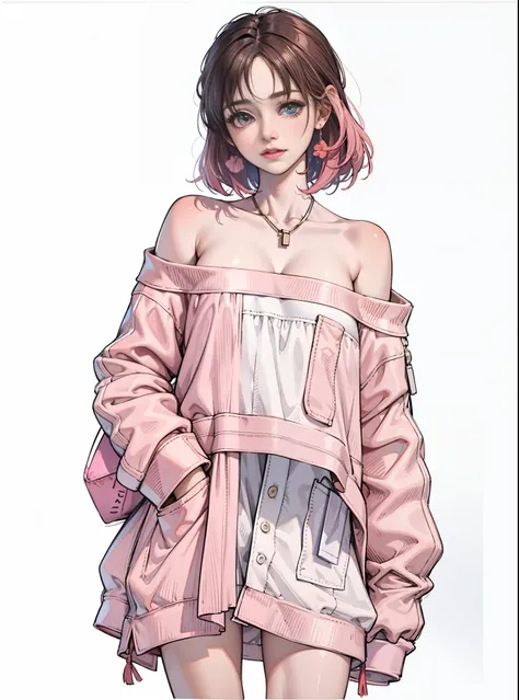 the girl,Full body like,front facing,Positive face,Standing posture,slong hair,Pink hair,natrual light,Summer outfits,parched,Suspenders,tank-top,undergarment,Global light, frontview, stylish,mannequin, fashion,Tide brand,Cutes,dreamlike,gargantilha,button...