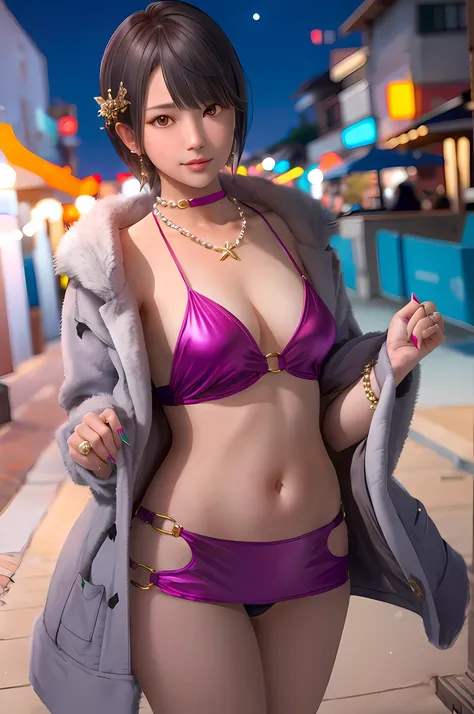 nagisa, 1girl, solo, golden bodycon, microdress, necklace, earring, navel, face focus, fur coat, face focus, night sky, beach