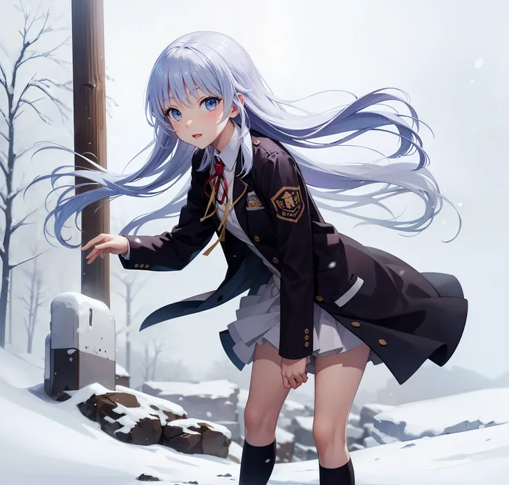 winter，icy snow，beautiful highschool girl