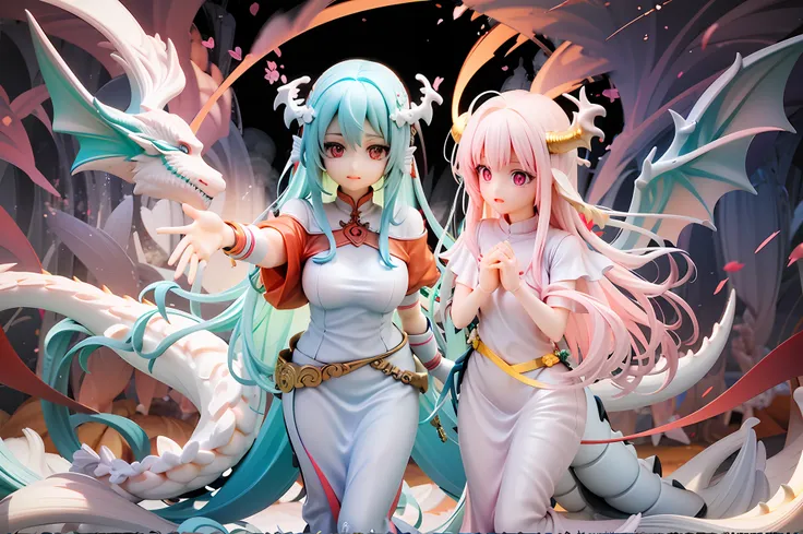 two girls、pastel colors、pale blue-green hair、longhaire、light pink hair、dragon wings grow、sister with a white dragon tail、anxious...