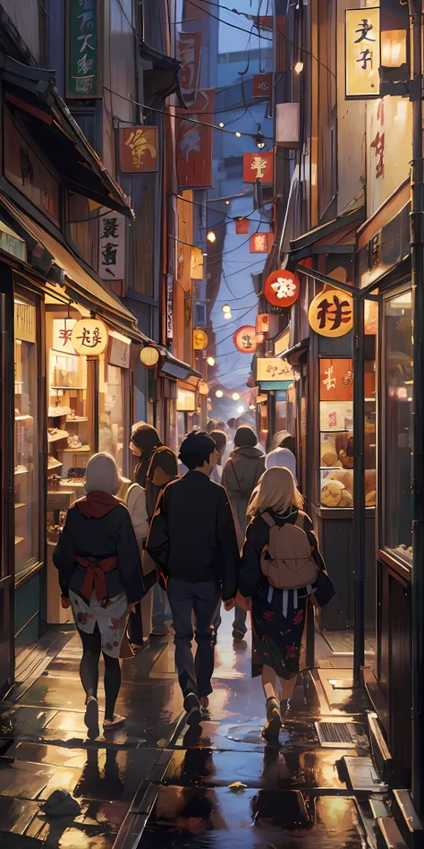 people walking down a narrow street lined with shops and restaurants, tokyo izakaya scene, japanese street, in the streets of to...