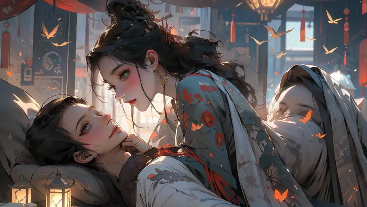 The two looked at each other,Side face,A man and a woman,The girl presses down the boy,two-dimensional,Smooth hair,best qulity,master-piece,hyper detailed,Extreme detail,8k壁紙,Realistic details,Cinematic Lights,dynamicangle,World Mastery Theatre,best qulity...