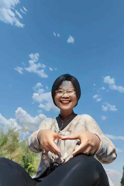 Painted pottery、Figures、Blind box、3D、OC rendering,Midday in summer,dia soleado,A middle-aged Chinese woman,Wear gold wire glasses,Smile and leak teeth,Sitting back on the grass,Two-hand gestures form the shape of a heart,With pearl stud earrings,