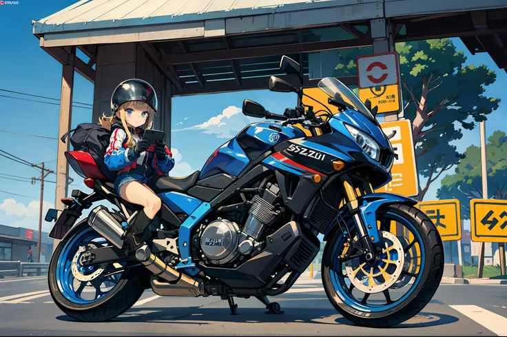 Beautiful highschool girl、touring、Holding and holding a full-face helmet、Riding jacket、Damaged jeans、Bike Gloves、Engineer Boots、roadside station、arafed blue motorcycle parked on the side of the road, futuristic suzuki, with a blue background, Blue, yoshimu...