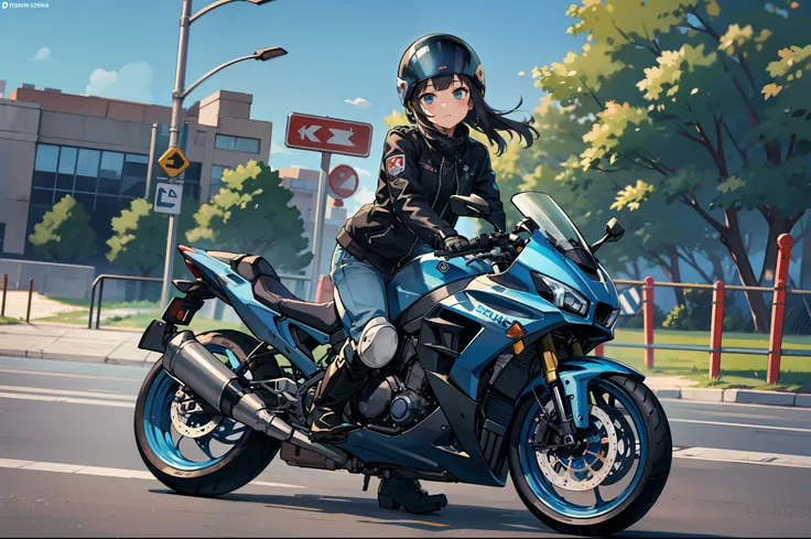 beautiful highschool girl、touring、holding and holding a full-face helmet、riding jacket、damaged jeans、bike gloves、engineer boots、...