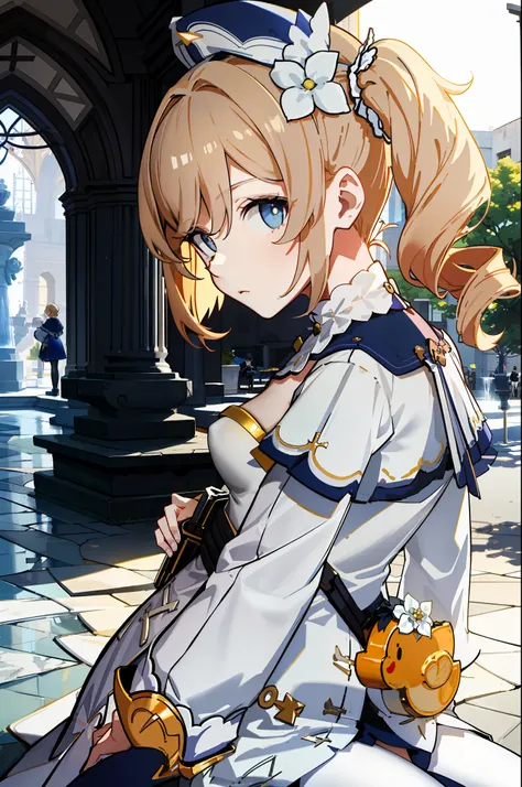 [barbara_(genshin_impact)], ((solo portrait)), ((front view)), ((High definition)), ((anime)), ((raytracing)), ((detailed shading)), {woman; (cute pale blue eyes, short eyelashes, dirty blonde hair, (2 curly twin-tails), small boobs), (short dress), (white...