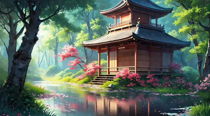 painting of a japanese house in a forest with a pond, beautiful digital artwork, andreas rocha style, inspired by andreas rocha,...