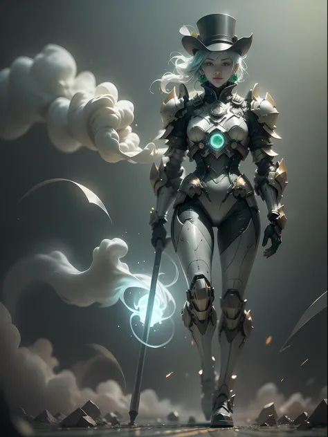 Ghost clown with lollipop, super cool ghost clown, holding crutches, grimace, top hat, green armor, wearing green mechanical armor, smoke surrounding, juggling props, cloud and smoke surrounding, stage lighting atmosphere, glowing eyes, huge lollipop, impo...