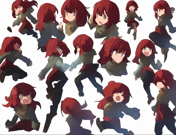 a little girl, several poses, walking, ruining, idle, jumping, white background. game sheet