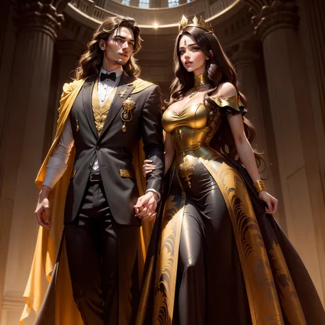 Lady, tall, brown hair faded to golden brown, curvy, nice dark dress, dark academia style clothing, light tan skin, gold eyes, modest dress, queen, clouds in background, gold detailing, gold crown, gems, gold black brown color scheme, & Male, black hair, k...