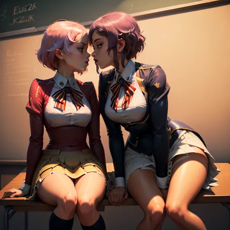 ((Mejor calidad, 8K, obra maestra: 1.3)), 2girl, couple, Eliza and lisbeth in a classroom, evening light, affection, lesbian, lesbian couple, ((LoRA eliza, black suit, woman, teacher)), ((LoRA lisbeth, school uniform, skirt, student)), kiss, erotic scene