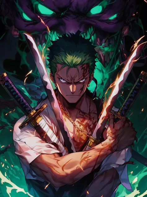 anime character with two swords in front of a demon, roronoa zoro, badass anime 8 k, anime epic artwork, 4 k manga wallpaper, an...